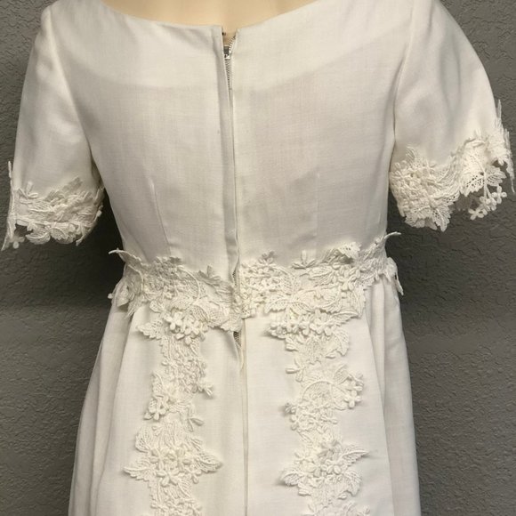 Vintage 60s Linen Blend Tailored Wedding Dress, Heavy Floral Embroidery Trim - Picture 6 of 7